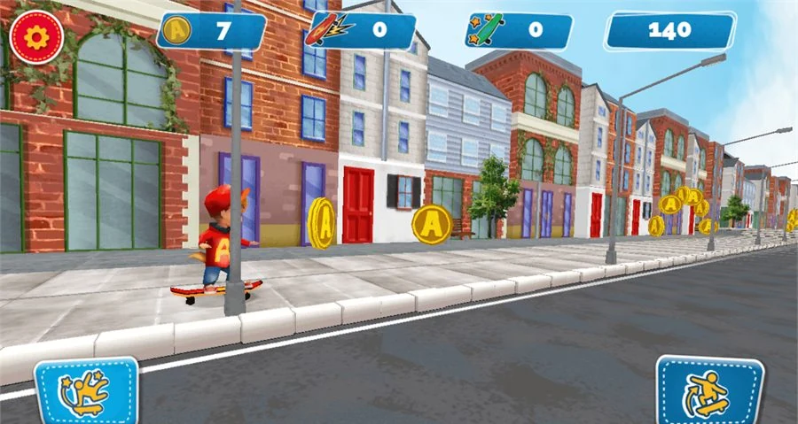 Alvin skating down a street of terraced houses, collecting gold A-coins, with counters for coins, boosts, boards and score across the top