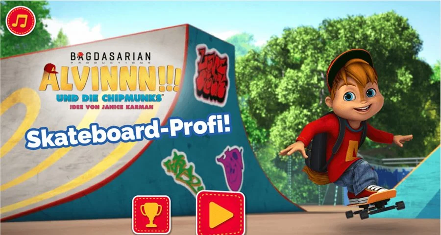 The Alvin Skate Away title screen: Alvin riding a skateboard past a graffitied halfpipe, under the Alvinnn!!! und die Chipmunks logo and the German title Skateboard-Profi!