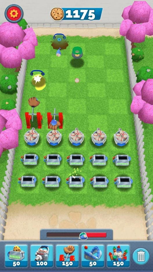 A later wave: three rows of baseball launchers and machines fill the lawn, two monsters advance from the top, and the cookie counter reads 1175