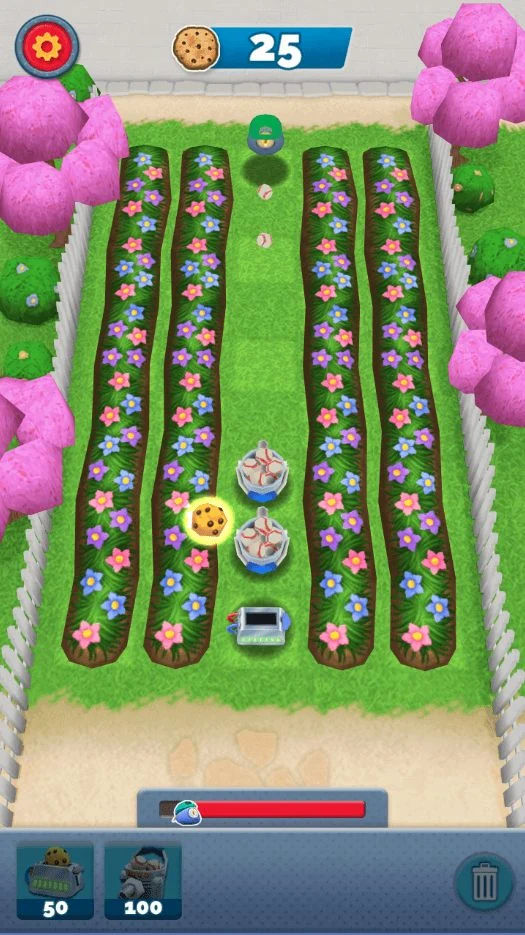 Four planted flower lanes seen from above, two baseball-launcher defences placed on them, a monster approaching from the top and a cookie counter reading 25