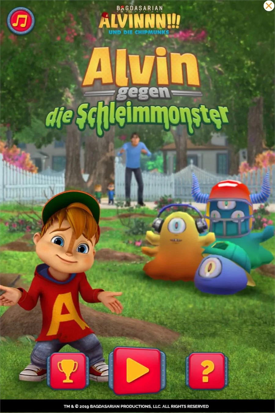 Title screen: Alvin standing on a lawn in front of three cartoon slime monsters, under the German title Alvin gegen die Schleimmonster, with trophy, play and help buttons