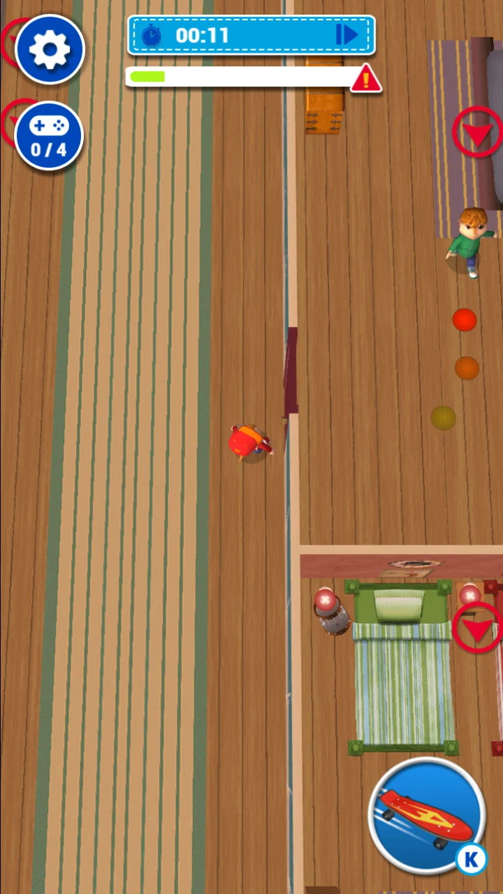 Overhead view of the levels with Alvin creeping along on a skateboard, one of his siblings standing further up the room, coloured pick-ups in a line beside him, and a clock reading 00:11 with an alert bar and a zero of four counter at the top