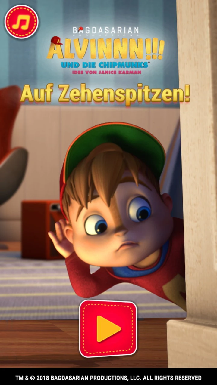 Title screen: Alvin in his red cap peering round a door frame with a hand cupped to his ear, under the Alvinnn!!! und die Chipmunks logo and the German title Auf Zehenspitzen!, with a play button below