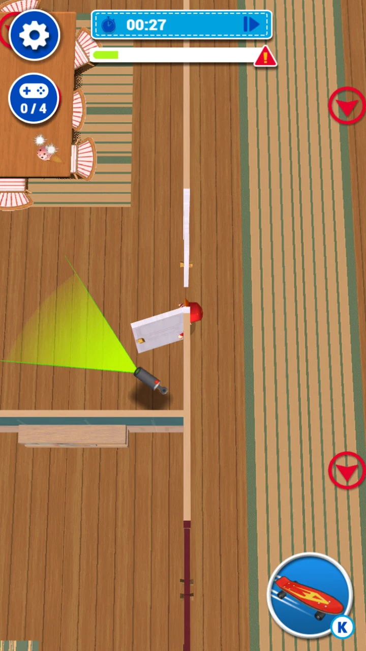 A green cone of camera vision sweeping across the floorboards towards Alvin as he edges past a doorway, the clock at 00:27 and the alert bar filling toward its warning marker