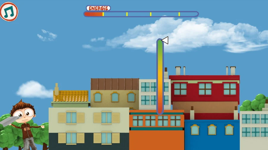 Angelo winding up to throw at the left of the screen, an Energie bar filling across the top and a vertical rainbow gauge with a pointer setting the angle, rooftops of a colourful town below