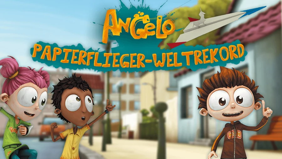 Title screen: the Angelo logo with a paper plane flying out of it above the German subtitle Papierflieger-Weltrekord, with Angelo and two friends standing in a sunlit street