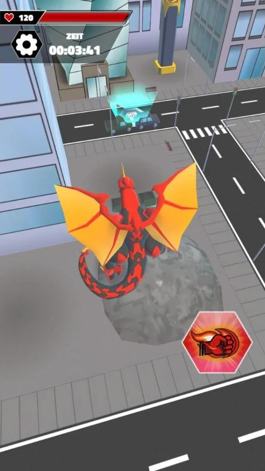 The same Dragonoid grown to fill the street, wings spread over a crater of rubble where a block of buildings used to be, with a charged attack button in the corner