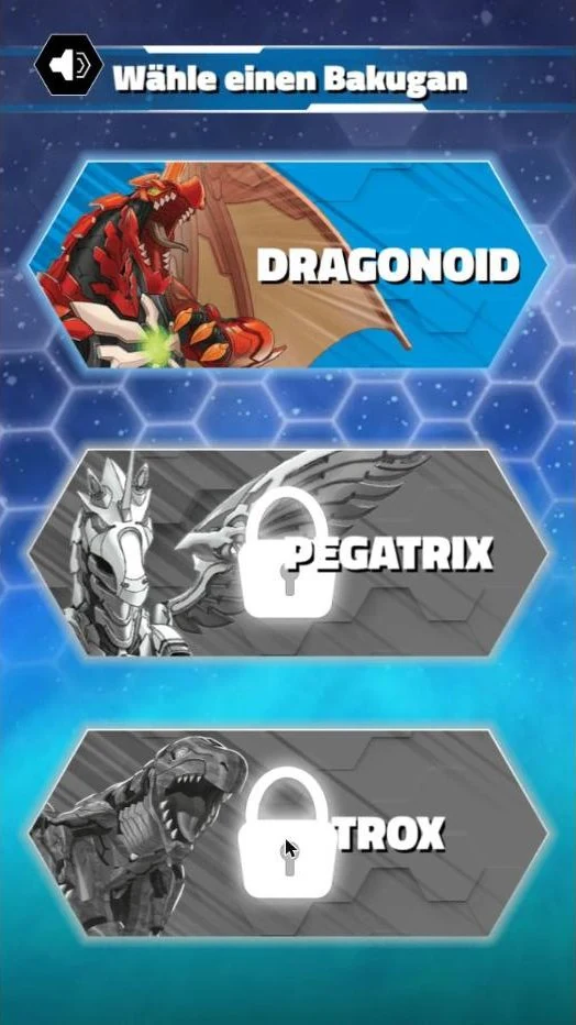 A character select screen headed W&auml;hle einen Bakugan, offering Dragonoid, with Pegatrix and Trox greyed out behind padlocks