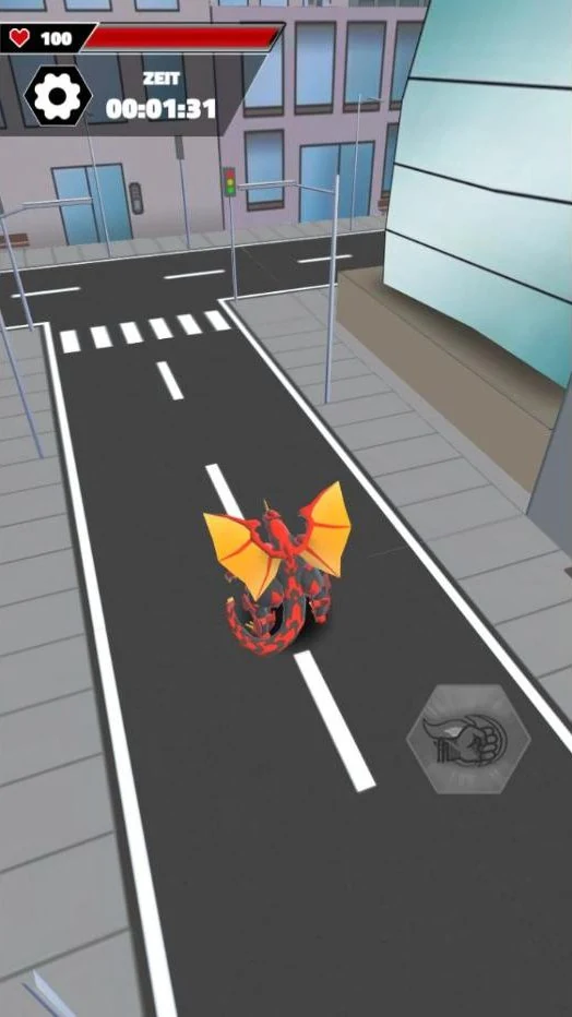A small red Dragonoid standing in the middle of an empty city street, dwarfed by the buildings, with a health bar and a running clock at the top of the screen