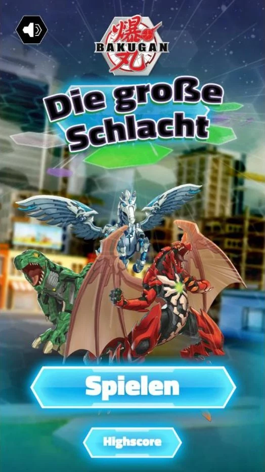 The title screen: Trox, Pegatrix and Dragonoid over a ruined city under the Bakugan logo and the German title Die gro&szlig;e Schlacht, with Spielen and Highscore buttons