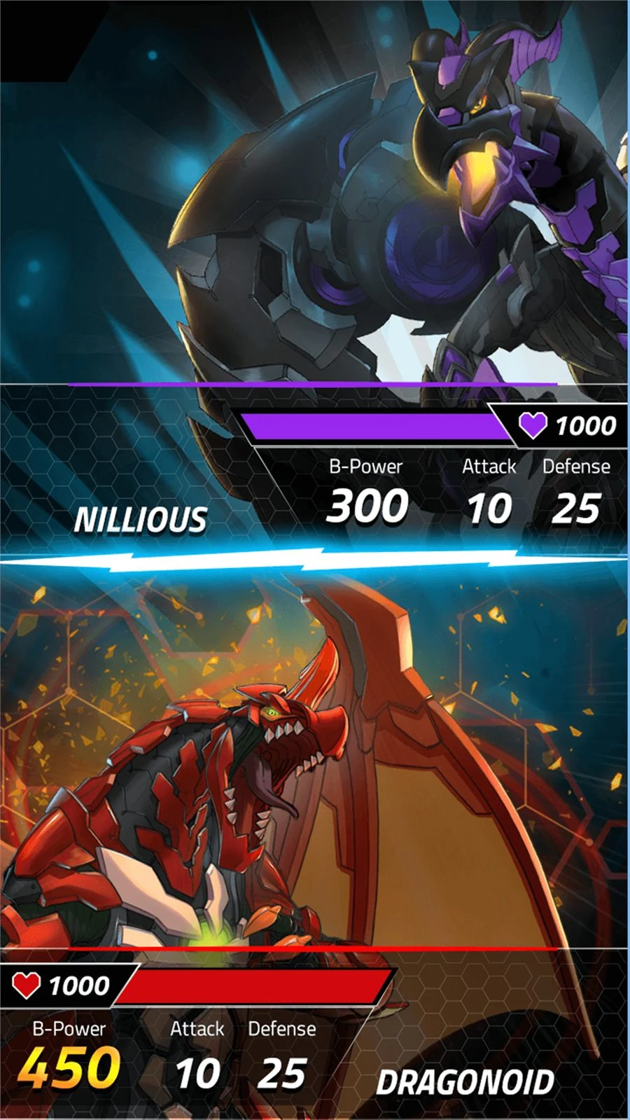 A duel screen split across the middle: a dark purple Bakugan named Nillious above, a red dragon named Dragonoid below, each with a health bar and B-Power, Attack and Defense figures