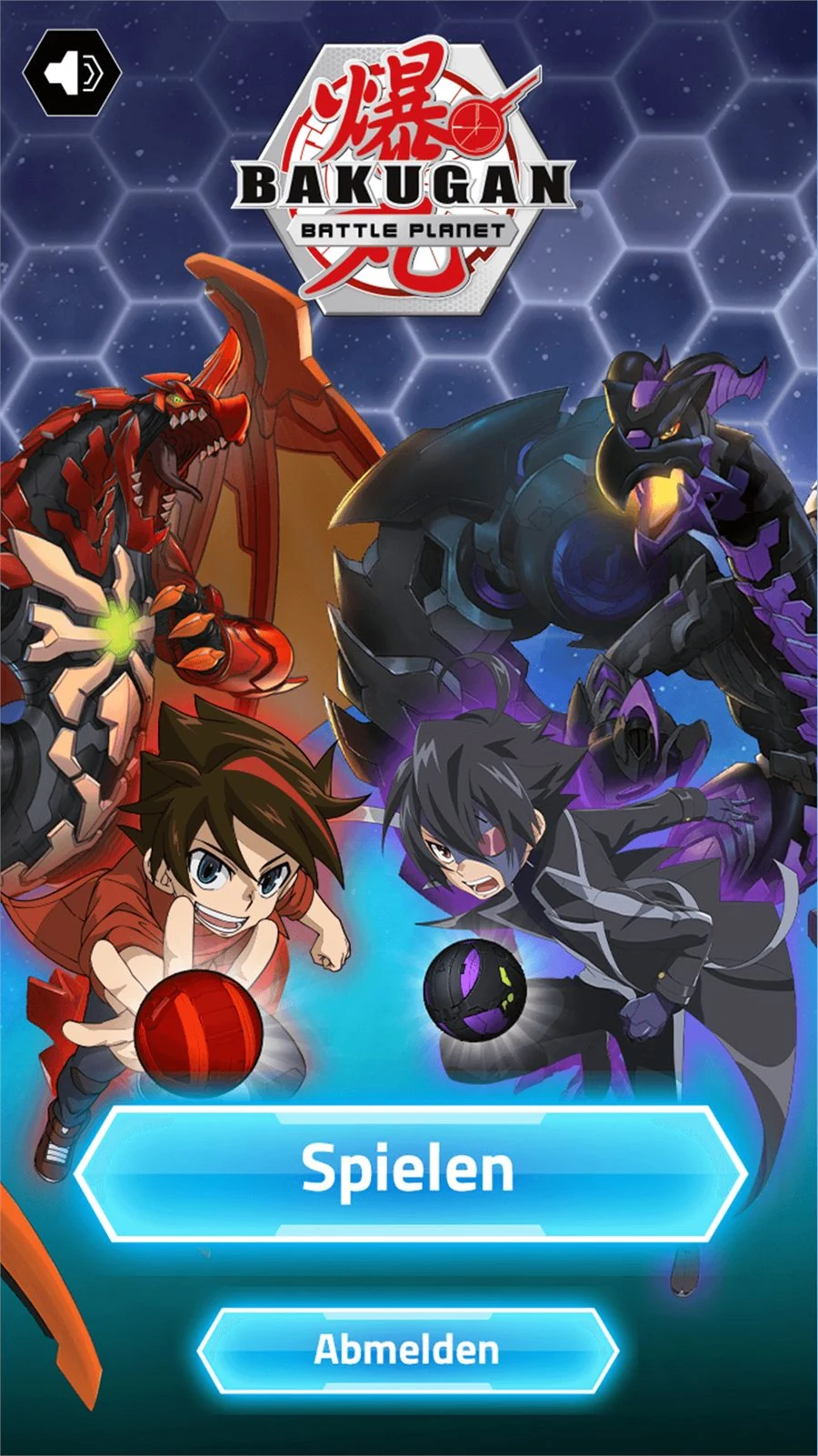 Title screen: the Bakugan Battle Planet logo above two anime characters throwing Bakugan spheres, their creatures rearing behind them, with Spielen and Abmelden buttons