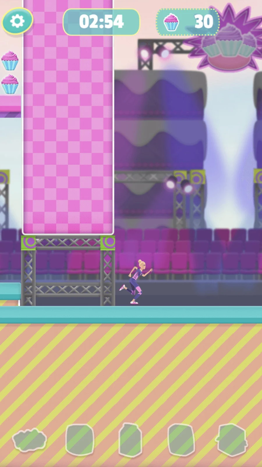 Barbie running along the floor of the show arena past tiered purple and pink seating, a pink chequered banner hanging from a gantry above her, with 2:54 on the clock and 30 cupcakes collected