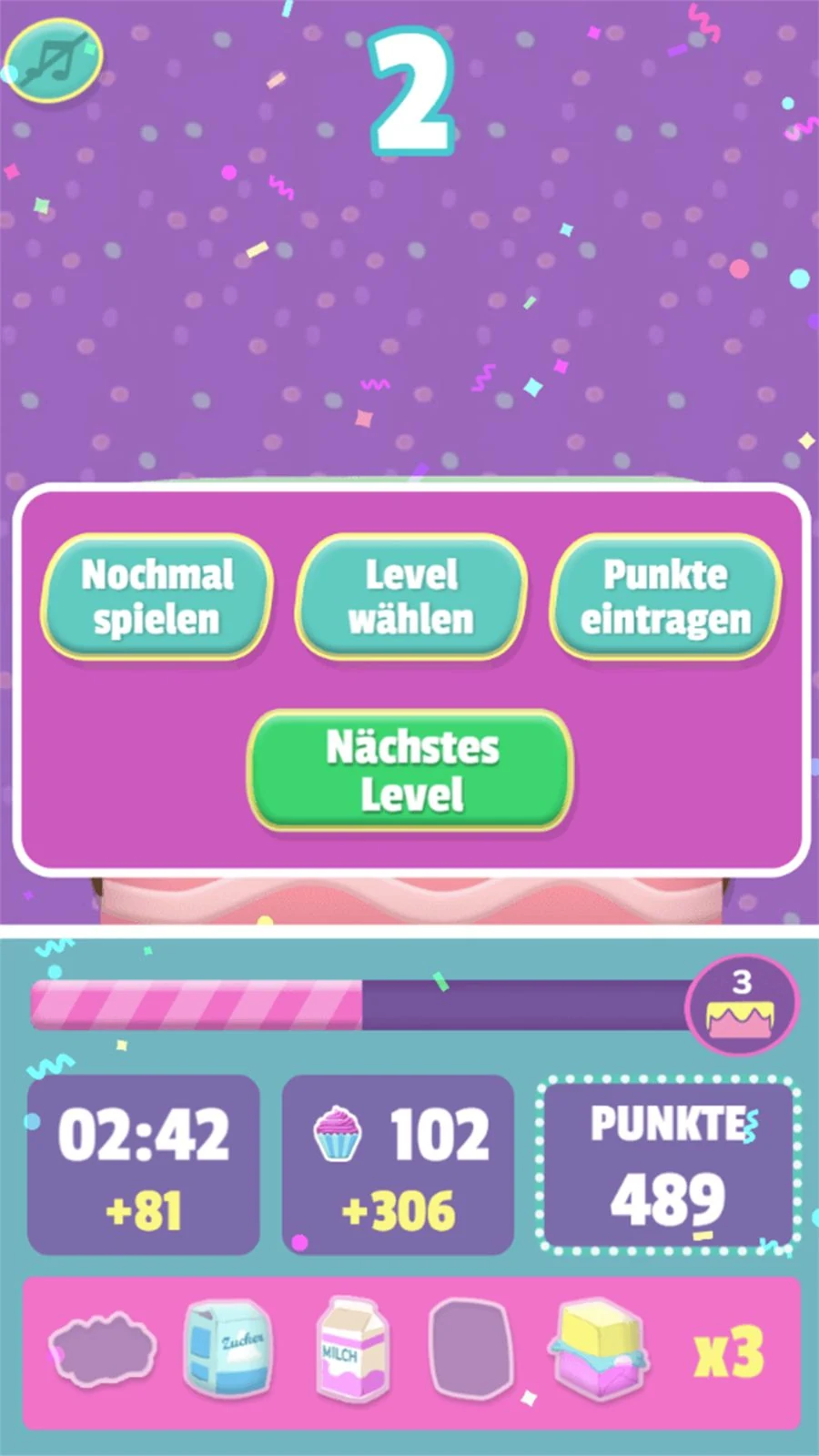 The end-of-run screen showing the cupcakes collected and the option to play again