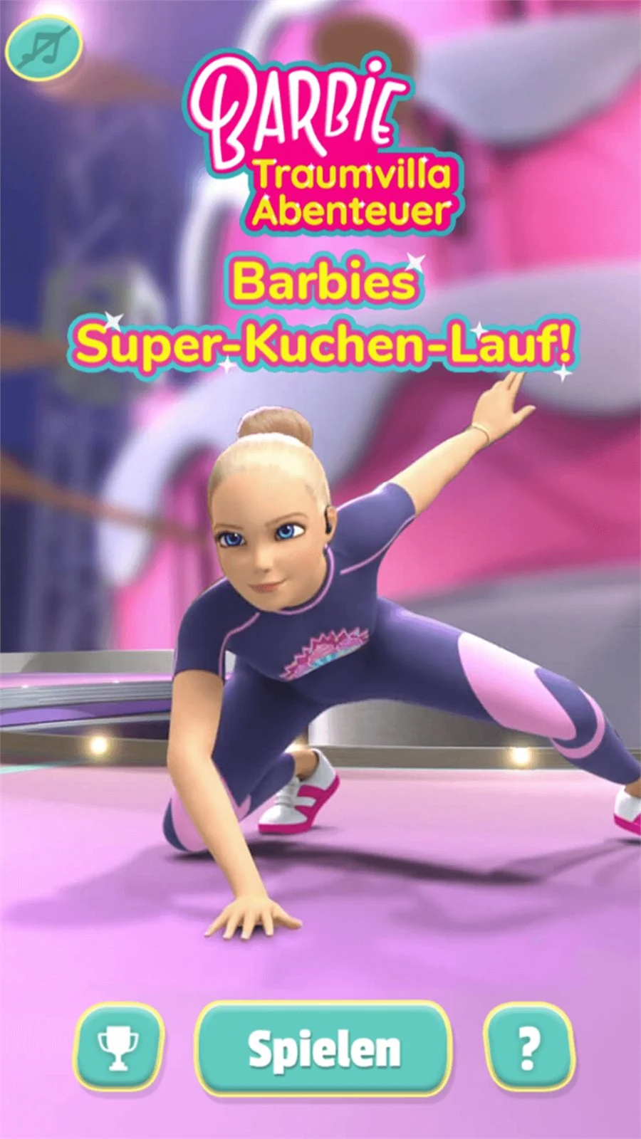 Title screen: Barbie crouched in a starting position in a purple tracksuit, under the Barbie Traumvilla Abenteuer logo and the German title Barbies Super-Kuchen-Lauf, with trophy, play and help buttons
