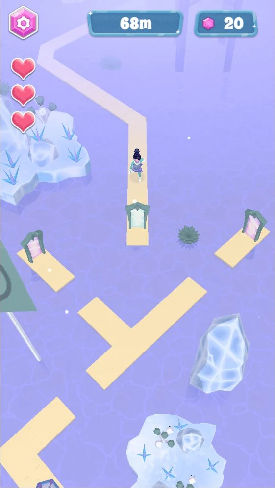 A top-down view of a frozen purple lake crossed by narrow wooden walkways, a small figure walking along one, with three hearts, a distance of 68 metres and a gem count of 20