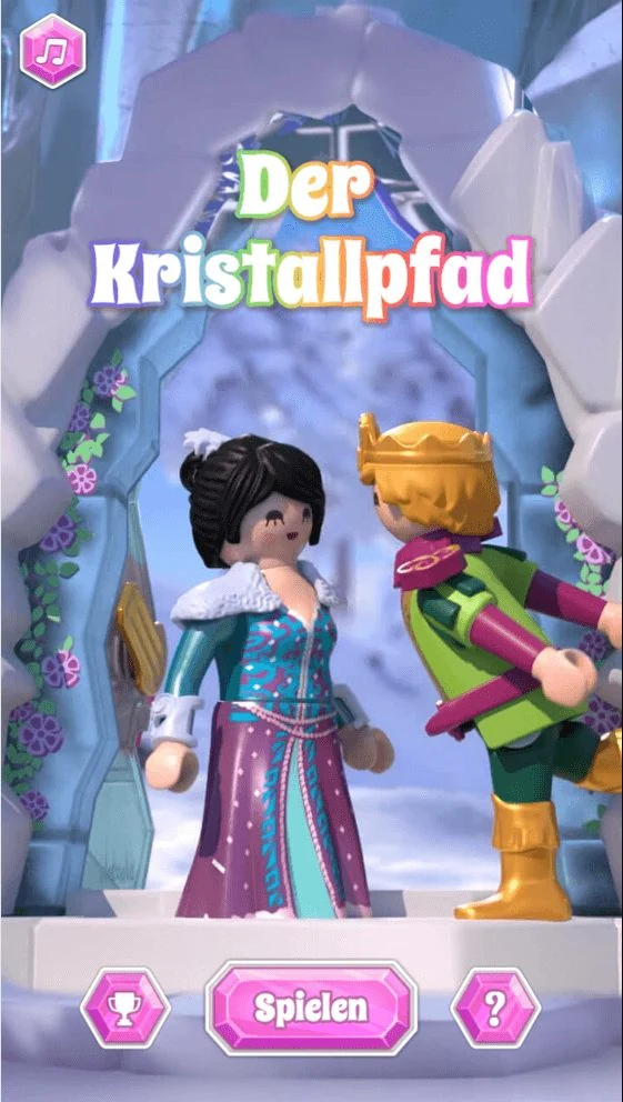 Title screen: two figures standing under an ice archway hung with flowers, under the German title Der Kristallpfad, with trophy, play and help buttons