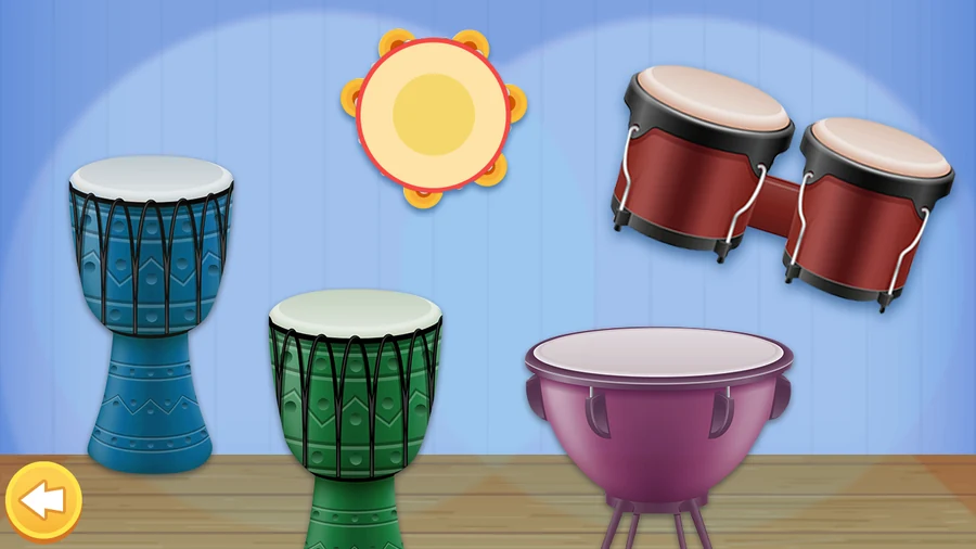 The drum kit laid out under a spotlight: a blue djembe and a green djembe, a tambourine above them, a pair of bongos and a purple timpani