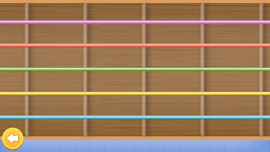 The guitar close up: five coloured strings in pink, red, green, yellow and blue stretched across a wooden fretboard