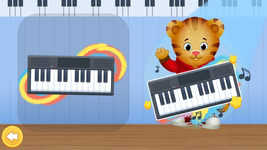 The mode picker for the keyboard: a plain keyboard in a rounded panel on the left, and on the right Daniel holding a keyboard with one paw raised, surrounded by music notes and splashes of colour