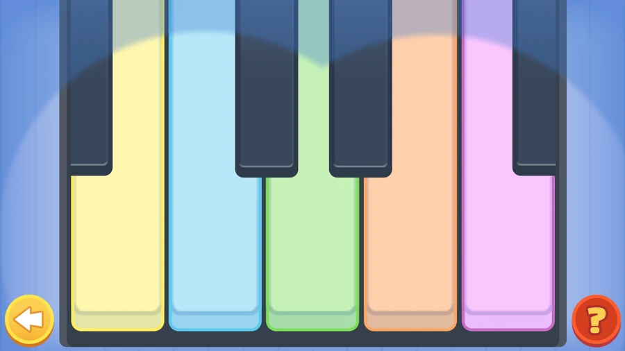 The keyboard filling the screen under a spotlight, its five white keys tinted yellow, blue, green, orange and pink, with a back button and a help button in the bottom corners