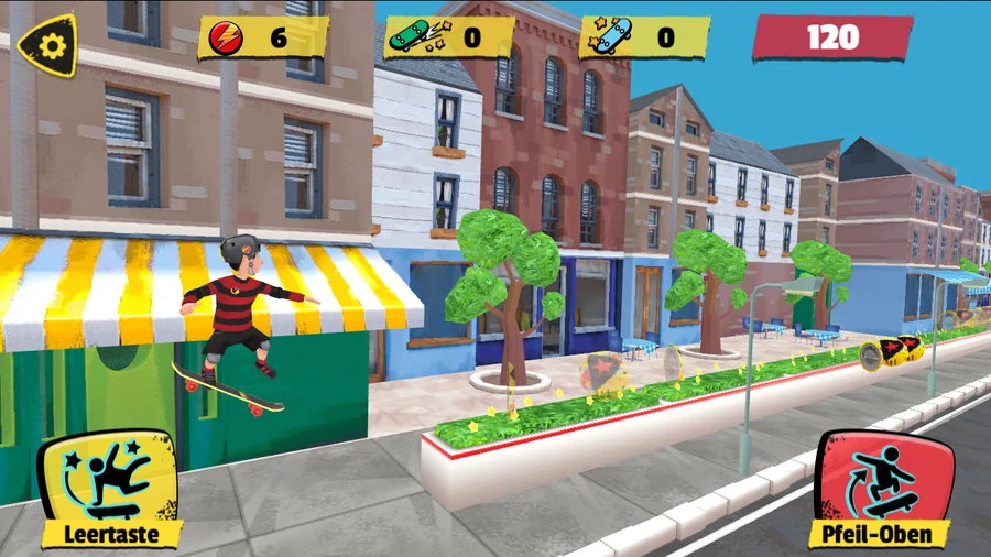 Dennis in the air off a striped shop awning, board under his feet, star pick-ups laid out along the planter below, with a score of 120 in the corner