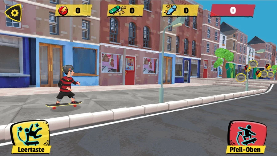 Dennis rolling along the pavement of a terraced street at the start of a run, every counter still at zero, with grind rings and pick-ups strung out ahead of him