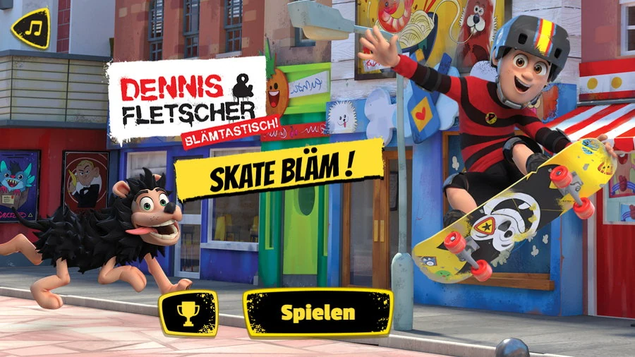 Title screen: Dennis leaping off a skateboard outside a row of brightly painted shopfronts while Fletscher bounds along beside him, under the Dennis & Fletscher logo and the German title Skate Bläm!, with trophy and Spielen buttons