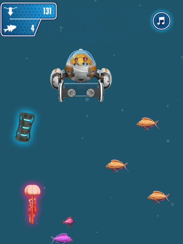 The submersible descending through open water past shoals of orange and pink fish, a glowing jellyfish and a dark obstacle to the left, with a depth of 131 and a fish count of 4 in the corner