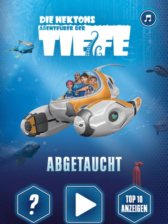 Title screen: the Die Nektons: Abenteurer der Tiefe logo above the word Abgetaucht, with the family riding a white and orange submersible through blue water, fish and turtles drifting past, and help, play and Top 10 anzeigen buttons along the bottom