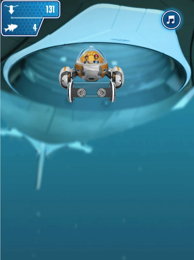 The submersible dwarfed by the pale open mouth of an enormous whale filling the top of the screen, its body fading into the gloom below, at the same depth of 131