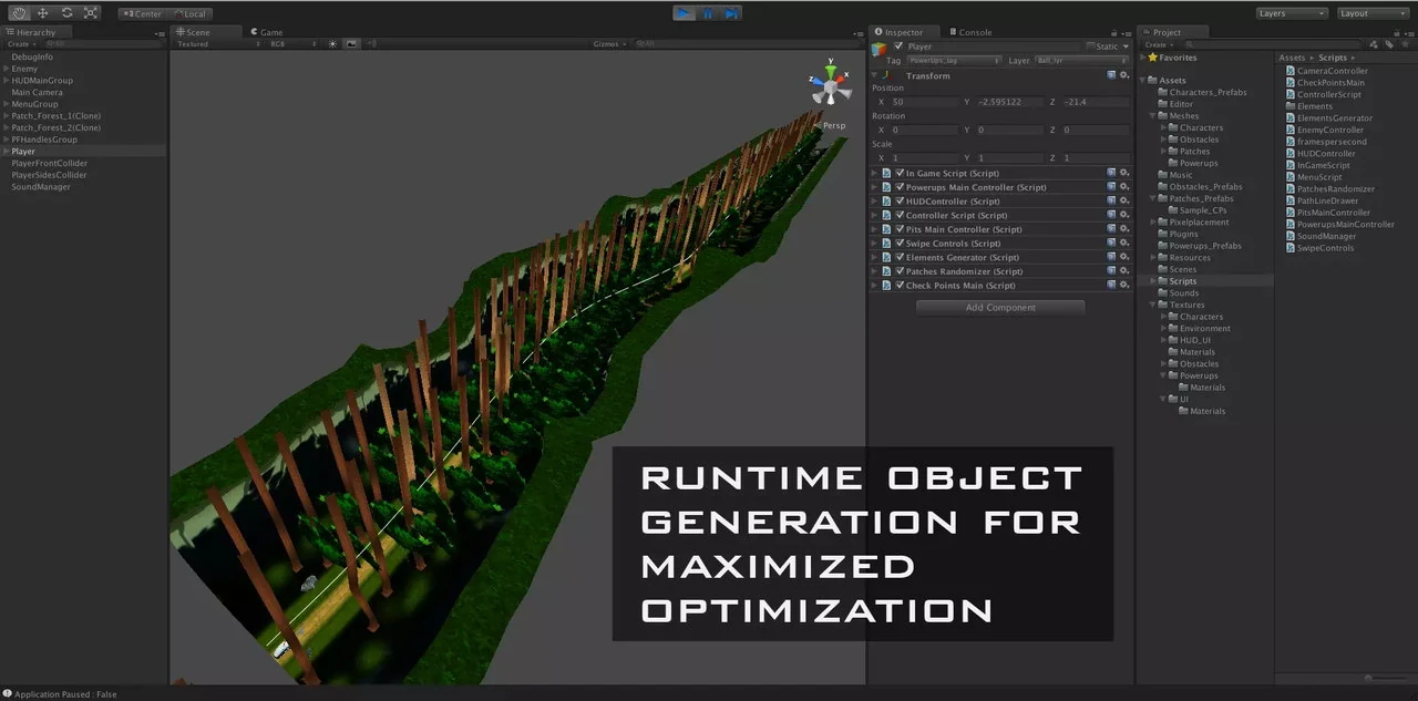 The Unity editor scene view showing a generated stretch of forest track with its tree colliders standing proud of the ground, the hierarchy and script list alongside, captioned Runtime Object Generation for Maximized Optimization