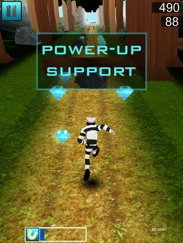 The runner pulling in blue gems with the magnet power-up, captioned Power-up Support, a power-up meter along the bottom and a score of 490