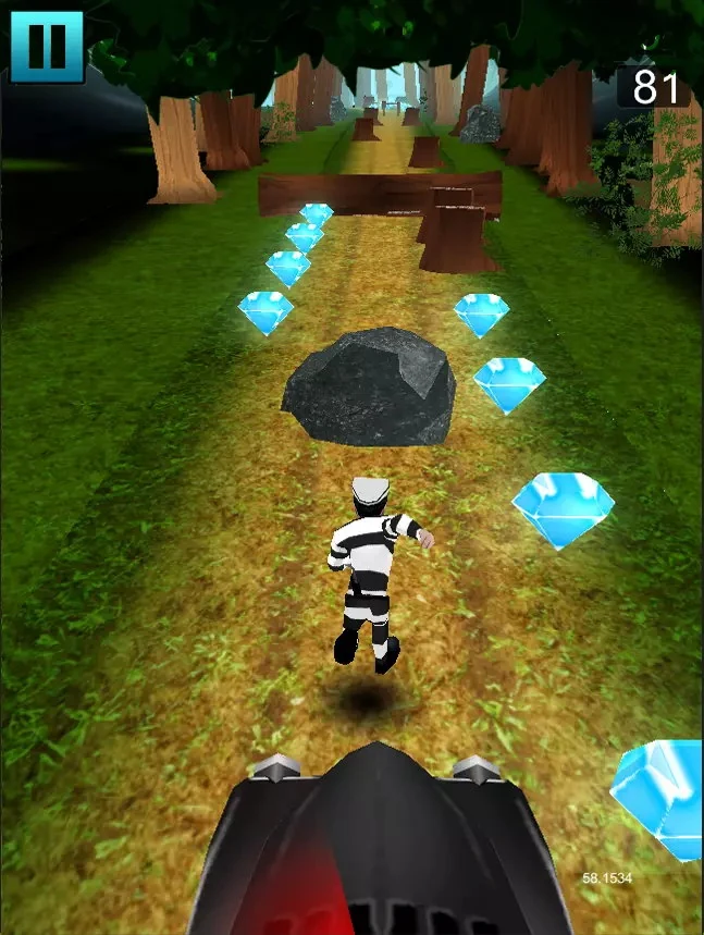 The demo game: a striped runner sprinting down a dirt track through a forest, a boulder in the way and a line of blue gems ahead of him