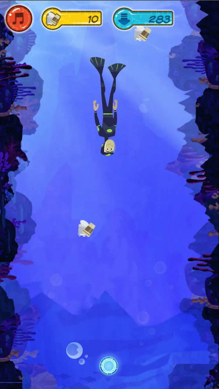 The diver falling head-first down a narrow channel between two dark reef walls, a pick-up drifting below him, with a coin count of 10 and a depth of 283 at the top of the screen