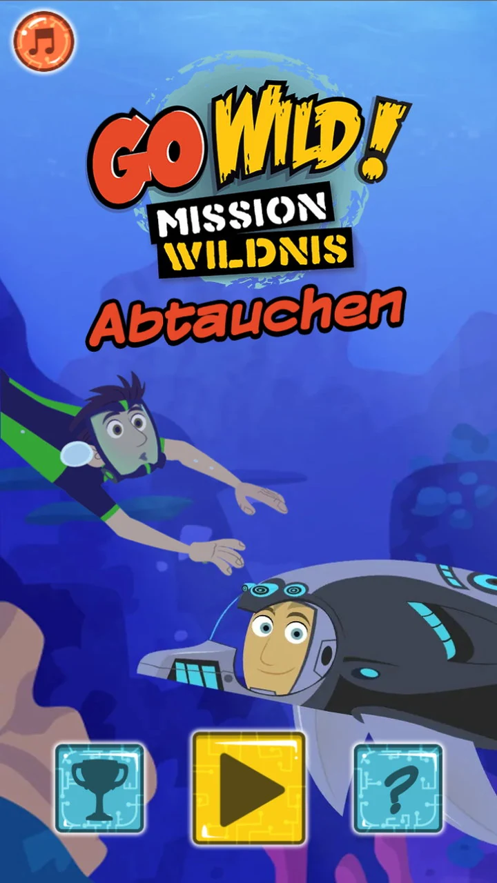 Title screen: one Kratt brother swimming in a wetsuit reaching down towards the other in a shark Creature Power Suit, under the Go Wild! Mission Wildnis logo and the German title Abtauchen, with trophy, play and help buttons