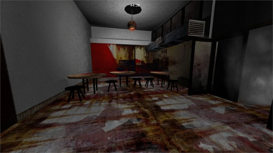 The kitchen seen in first person: round tables and stools on a heavily stained tiled floor, a single bulb hanging from the ceiling, a serving counter against a red back wall and extractor ducting running along the right, with a countdown of 44:38 at the top of the screen