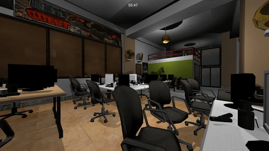 The main open-plan office in first person: rows of desks with dark monitors and black swivel chairs, a Real Quest banner along the left wall, a green wall with a zebra mural and a red-railed mezzanine at the back, with a countdown of 55:47