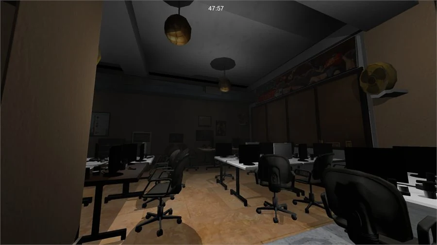 A dark office of desks, monitors and swivel chairs lit by hanging lamps, seen in first person, with a countdown of 47:57