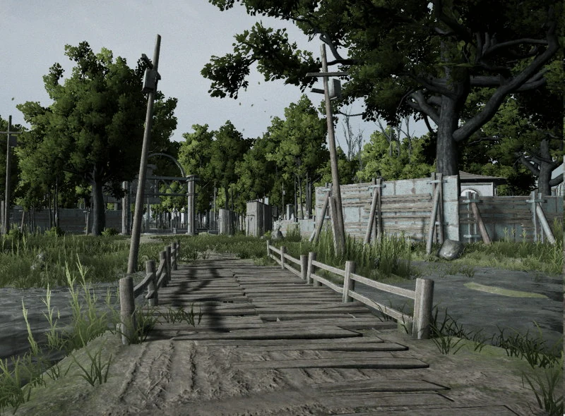 A plank walkway with a rough rope handrail running between corrugated fences and leaning telegraph poles, under heavy trees