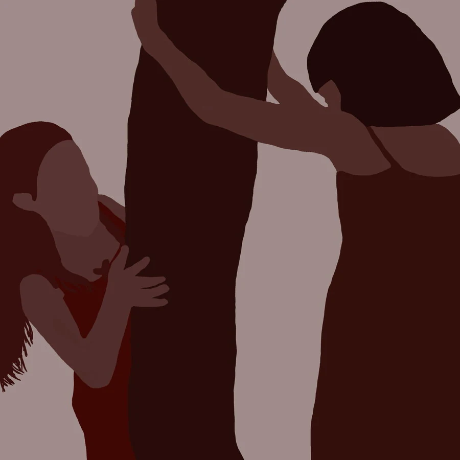 Flat silhouette illustration in dark maroon: a small child clinging to an adult's leg while a second figure leans down towards another child