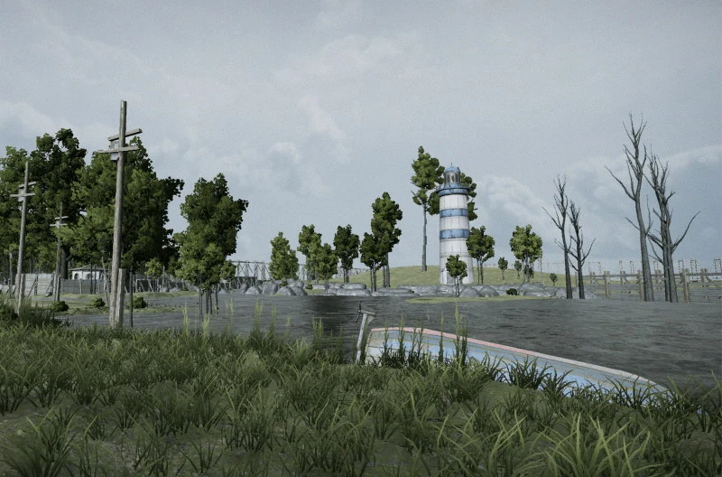 A blue and white striped lighthouse standing in a flooded plain, leaning telegraph poles and bare dead trees around it, an upturned hull half-buried in the grass