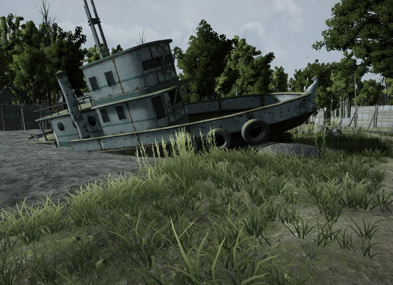 A rusted pale blue tugboat beached and listing on a mudbank, tyres slung along its hull, tall grass across the foreground