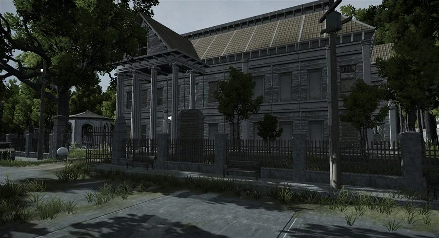 A deserted village building surrounded by overgrown trees in HOME.