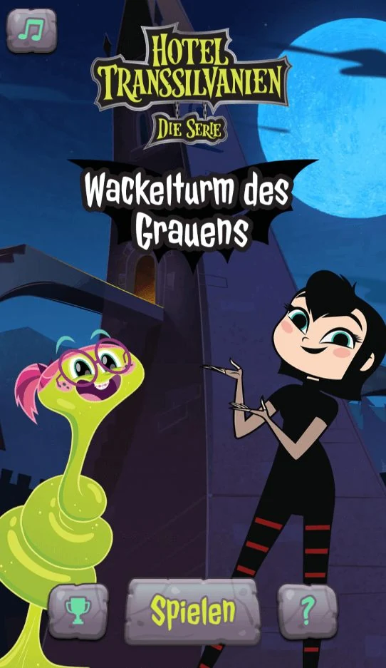 Title screen: Mavis and a green blob character standing in front of a moonlit tower, under the Hotel Transsilvanien logo and the German title Wackelturm des Grauens