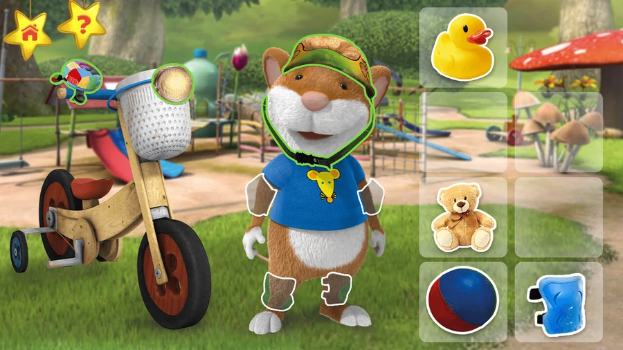 The kit-out screen: Leo wearing a helmet, with outlined slots on his elbows and knees still empty, his bike beside him, and a shelf of draggable items down the right holding a rubber duck, a teddy bear, a ball and a knee pad