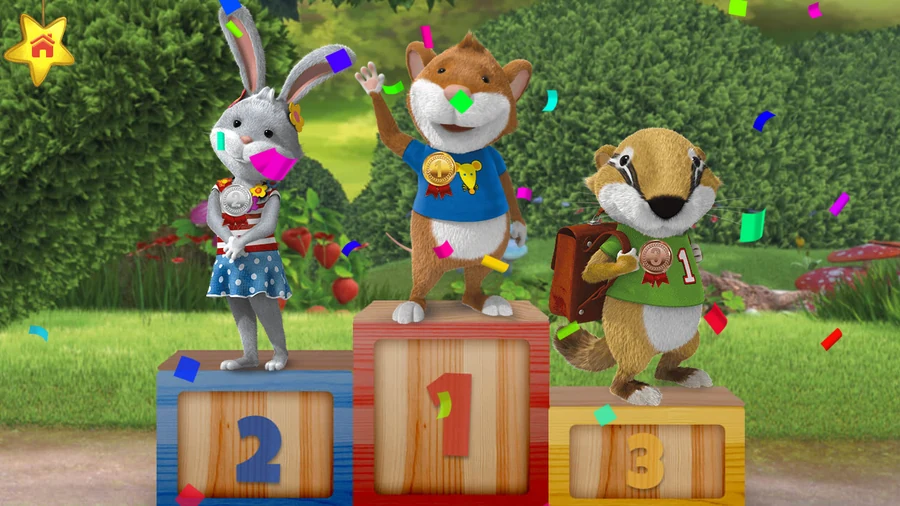 The podium: Leo the mouse first with a gold medal and one arm raised, a rabbit second and a badger third, all three standing on wooden toy blocks numbered 1, 2 and 3 under falling confetti