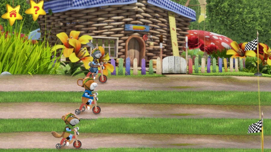 Mid-race: three riders strung out in single file along a grass track past a log cabin, chequered flags marking the course, Leo in the middle of the pack