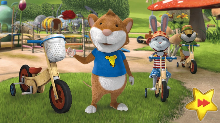 The opening screen: Leo standing beside his wooden balance bike in a playground, waving, with the rabbit and the badger waiting on their own bikes behind him and a yellow star skip button in the corner