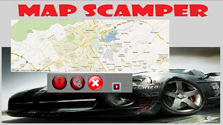 The map-selection screen: the Map Scamper title in red above a Google Maps street map panel, a row of round buttons beneath it, and a sports car in the darkened background